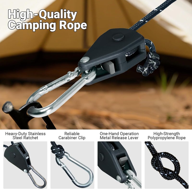 Keepark Camping Rope Tarp Tie Down Ropes with Ratchet System, Pulley & Reinforced Metal Gear - Heavy Duty Adjustable Guy Lines for Canopy Tent, Quick Setup Outdoor Strap (1/6-Inch Diameter x 16 Feet Long) - Image 4